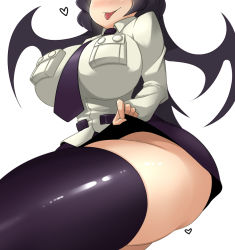 Rule 34 | 1girl, :p, black hair, black thighhighs, blush, breasts, clothes lift, filia (skullgirls), head out of frame, heart, large breasts, long hair, necktie, simple background, sinensian, skirt, skirt lift, skullgirls, solo, thick thighs, thighhighs, thighs, tongue, tongue out, white background