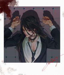 1boy absurdres against_wall black_choker black_hair black_jacket blood border choker collarbone collared_shirt danganronpa_(series) danganronpa_2:_goodbye_despair formal_clothes highres jacket kamukura_izuru long_hair long_sleeves looking_at_viewer loose_necktie male_focus nail_polish necktie parted_lips red_eyes red_nails rei_(tdn_ng) shirt signature solo teeth upper_body white_border white_shirt