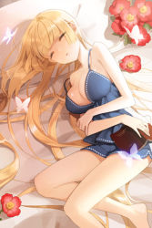 Rule 34 | 1girl, bare shoulders, barefoot, blonde hair, book, breasts, bug, butterfly, cleavage, closed eyes, flower, helena k sink, helena k sync, holding, insect, large breasts, long hair, lowres, lying, on side, open book, salt (salty), sleeping, solo, strap slip, sword girls, very long hair