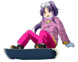 Rule 34 | 1girl, :d, black footwear, blue gloves, blush, boots, commentary, full body, fur-trimmed jacket, fur trim, gloves, goggles, goggles on head, high ponytail, hinata yukari, jacket, long hair, long sleeves, open mouth, pants, parted bangs, pink jacket, pink pants, ponytail, purple eyes, purple hair, simple background, ski gear, ski goggles, smile, snowboard, solo, taka (takahirokun), very long hair, white background, yuyushiki