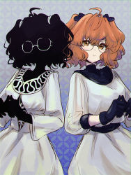 Rule 34 | 2girls, anna (shadows house), black hair, black skin, blue bow, blue gloves, bow, closed mouth, colored skin, dress, glasses, gloves, hair between eyes, highres, hii (hii101), long sleeves, medium hair, multiple girls, nancy (shadows house), orange eyes, orange hair, round eyewear, shadow (shadows house), shadows house, two side up, white dress