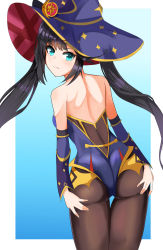 Rule 34 | 1girl, absurdres, artist request, ass, backboob, bare shoulders, blue eyes, blush, breasts, embarrassed, from behind, genshin impact, hair ornament, hand on ass, hat, highres, leotard, long hair, looking at viewer, looking back, medium breasts, mona (genshin impact), pantyhose, purple hair, solo, thighlet, twintails, very long hair