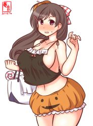 Rule 34 | 1girl, artist logo, bag, black tank top, breasts, brown hair, candy, collarbone, commentary request, cosplay, covered erect nipples, cowboy shot, dated, food, hair ornament, hair ribbon, hairclip, halloween, halloween costume, jack-o&#039;-lantern, kanon (kurogane knights), kantai collection, large breasts, libeccio (kancolle), libeccio (kancolle) (cosplay), lollipop, long hair, mamiya (kancolle), one-hour drawing challenge, orange skirt, pumpkin skirt, red eyes, ribbon, simple background, skirt, solo, tank top, white background
