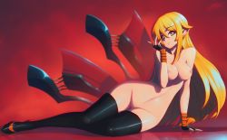 Rule 34 | 1girl, arm support, ashikaga chachamaru, black footwear, black gloves, black thighhighs, blonde hair, breasts, closed mouth, collarbone, eyebrows, fang, fingerless gloves, fingernails, full body, gloves, groin, hell machina, highres, legs together, long hair, looking at viewer, lying, medium breasts, navel, nipples, no pussy, nude, on side, pointy ears, shiny skin, shoes, sidelocks, signature, skindentation, smile, solo, soukou akki muramasa, thighhighs, uncensored, very long hair, yellow eyes