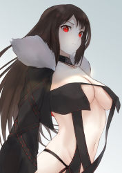 Rule 34 | 1girl, absurdres, black dress, breasts, brown hair, center opening, choker, cleavage, closed mouth, cropped jacket, dress, earrings, fate/grand order, fate (series), fur-trimmed jacket, fur trim, gradient background, grey background, highres, jacket, jewelry, large breasts, long hair, long sleeves, looking at viewer, multiple earrings, navel, okuma707, open clothes, open jacket, red eyes, revealing clothes, ribbon-trimmed dress, strapless, strapless dress, very long hair, yu mei-ren (fate)