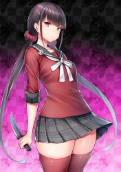 Rule 34 | 1girl, black hair, black thighhighs, breasts, closed mouth, cowboy shot, danganronpa (series), danganronpa v3: killing harmony, ear piercing, hair ornament, hair scrunchie, hairpin, harukawa maki, highres, holding, holding weapon, knife, long hair, looking at viewer, low twintails, miniskirt, mole, mole under eye, piercing, pleated skirt, red eyes, school uniform, scrunchie, skindentation, skirt, small breasts, solo, thick thighs, thighhighs, thighs, tsukumiya amane, twintails, very long hair, weapon, wide hips