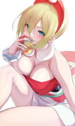 Rule 34 | 1girl, alternate breast size, bare shoulders, blonde hair, blue eyes, bracelet, breast press, breasts, cleavage, closed mouth, collarbone, creatures (company), detached collar, eyes visible through hair, game freak, hair over one eye, hairband, highres, holding, holding poke ball, irida (pokemon), jewelry, knee to chest, knee up, large breasts, looking at viewer, nintendo, poke ball, poke ball (legends), pokemon, pokemon legends: arceus, ratsuku kinoko, red hairband, short hair, short shorts, shorts, simple background, smile, solo, strapless, thighs, white background, white shorts