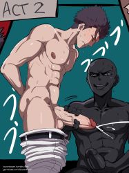 Rule 34 | 2boys, abs, buranko!, danganronpa (series), erection, evil grin, evil smile, forced, grin, handjob, highres, male focus, masturbation, multiple boys, penis, restrained, topless male, smile, sweat, tagme, tongue, tongue out, uncensored, yaoi