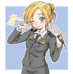 Rule 34 | 1girl, \m/, blonde hair, blue background, blue eyes, blush, epaulettes, folded ponytail, formal, hammer and sickle, head tilt, holding, jacket, looking at viewer, lovechui, microphone, military, military uniform, natalia poklonskaya, necktie, one eye closed, pencil skirt, ranguage, real life, russian text, short hair, simple background, skirt, skirt suit, smile, solo, star (symbol), suit, uniform, v over eye, w, wink