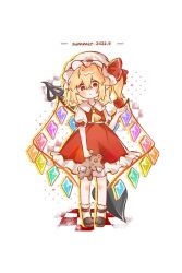 Rule 34 | 1girl, apple, ascot, black footwear, blonde hair, blush stickers, bow, chibi, chinese commentary, closed mouth, collared shirt, commentary request, crystal, expressionless, flandre scarlet, food, frilled skirt, frills, fruit, full body, hair between eyes, hand up, hat, hat bow, highres, holding, holding stuffed toy, laevatein (touhou), looking at viewer, medium hair, mob cap, one side up, pointy ears, puffy short sleeves, puffy sleeves, red bow, red eyes, red skirt, red vest, shirt, shoes, short sleeves, simple background, skirt, skirt set, socks, solo, stuffed animal, stuffed toy, teddy bear, touhou, vest, white background, white hat, white shirt, white socks, wings, yejiubane shuiping, yellow ascot