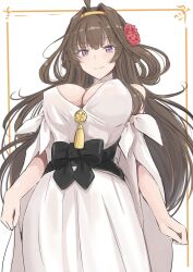 Rule 34 | 1girl, absurdres, ahoge, breasts, brown hair, cleavage, covered erect nipples, dress, flower, hair flower, hair ornament, headband, highres, kantai collection, ken (shutenndouji1), kongou (kancolle), large breasts, long hair, looking at viewer, official alternate costume, purple eyes, smile, solo, very long hair, white dress, wide sleeves