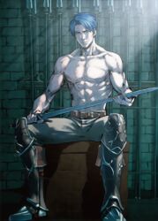 Rule 34 | 1boy, abs, blue hair, dark blue hair, fire emblem, fire emblem: radiant dawn, fire emblem cipher, full body, green eyes, holding, holding sword, holding weapon, iwamoto tatsurou, leg armor, male focus, nintendo, no nipples, official art, pectorals, polearm, scan, short hair, sitting, sword, third-party source, toned, toned male, topless male, weapon, zelgius (fire emblem)