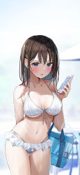 Rule 34 | 1girl, arm behind back, bag, bikini, blue eyes, blush, breasts, brown hair, cellphone, collarbone, dot nose, frilled bikini, frills, hair ornament, hairclip, highres, holding, holding bag, large breasts, leaning forward, long hair, looking at viewer, mole, mole on collarbone, navel, open mouth, original, phone, rouka (akatyann), smartphone, solo, stomach, swimsuit, thigh gap, thighs, wet, wet hair, white bikini