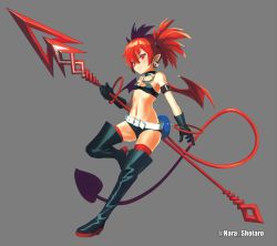 Rule 34 | 1girl, bare shoulders, black gloves, black hair, boots, bracelet, choker, demon girl, demon tail, disgaea, disgaea d2, earrings, elder spear, etna (disgaea), flat chest, full body, gloves, holding, holding polearm, holding spear, holding weapon, jewelry, long hair, looking at viewer, multiple girls, pointy ears, polearm, red eyes, red hair, red thighhighs, short shorts, shorts, simple background, smile, spear, tail, thigh boots, thighhighs, twintails, very long hair, weapon, wings
