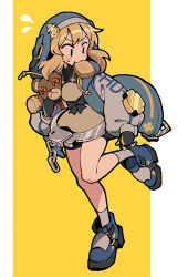 Rule 34 | 1boy, androgyne symbol, bike shorts under skirt, black gloves, blonde hair, bread, bread slice, bridget (guilty gear), brown dress, commentary request, cuffs, dress, fingerless gloves, food, food in mouth, full body, gloves, guilty gear, guilty gear strive, habit, handcuffs, highres, hood, hood up, hooded jacket, itsuka neru, jacket, long sleeves, looking to the side, male focus, medium hair, mouth hold, open clothes, open jacket, puffy long sleeves, puffy sleeves, roger (guilty gear), simple background, standing, standing on one leg, stuffed animal, stuffed toy, teddy bear, toast, toast in mouth, trap, yellow background