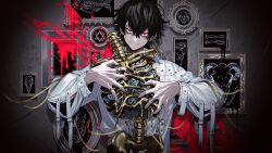 Rule 34 | 1boy, black hair, blood, chain, closed mouth, ear piercing, earrings, fish skeleton, gold, gold chain, jewelry, kura1582, long sleeves, looking at viewer, male focus, original, picture frame, piercing, red eyes, shirt, short hair, skeleton, smile, solo, white shirt
