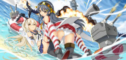 Rule 34 | 10s, 2girls, absurdres, bare shoulders, black hair, black panties, blonde hair, boots, detached sleeves, elbow gloves, gloves, hair ornament, hairband, hairclip, haruna (kancolle), highres, innertube, japanese clothes, kantai collection, kikimi, lifebuoy, long hair, multiple girls, open mouth, panties, pantyshot, patterned legwear, personification, rensouhou-chan, shimakaze (kancolle), socks, striped clothes, striped legwear, striped thighhighs, swim ring, thigh boots, thighhighs, torn clothes, two-tone stripes, underwear, white panties