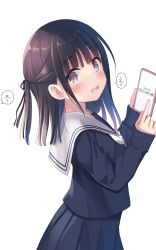 Rule 34 | 1girl, black ribbon, blue serafuku, blue skirt, blush, brown hair, cellphone, commentary request, cowboy shot, fang, google, hair ribbon, half updo, hands up, highres, holding, holding phone, long hair, looking at viewer, na-ga, open mouth, original, phone, pleated skirt, ribbon, sailor collar, school uniform, serafuku, simple background, skin fang, skirt, smartphone, solo, standing, translation request, white background, white sailor collar