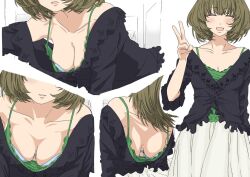 Rule 34 | 1girl, blue bra, bra, breasts, camisole, cleavage, closed eyes, downblouse, ebifryman, facing viewer, green hair, hanging breasts, head out of frame, idolmaster, idolmaster cinderella girls, leaning forward, medium breasts, mole, mole under eye, multiple views, off shoulder, parted lips, short hair, smile, strapless, strapless bra, takagaki kaede, underwear, v