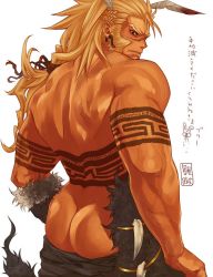 Rule 34 | 1boy, artist request, ass, bara, blonde hair, feathers, male focus, muscular, scar, solo, source request, tattoo, tribal, white background