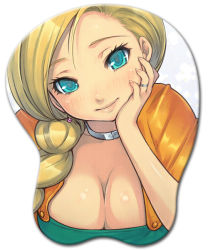 Rule 34 | 1girl, aqua eyes, bad id, bad pixiv id, bianca (dq5), blonde hair, blush, braid, breast mousepad, breasts, cape, choker, cleavage, dragon quest, dragon quest v, hair over shoulder, jewelry, large breasts, long hair, mahito, mousepad, mousepad (medium), ring, single braid, smile, solo