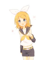 Rule 34 | :d, belt, blonde hair, blue eyes, bow, detached sleeves, flower, hair bow, hair ornament, hairclip, headset, highres, kagamine rin, light blush, midriff, oboro 0x0, open mouth, sailor collar, shorts, smile, treble clef, vocaloid, white bow, yellow belt