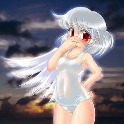 Rule 34 | 1girl, blush, kishin sagume, one-piece swimsuit, red eyes, school swimsuit, shiny clothes, single wing, sky, solo, swimsuit, touhou, white hair, white one-piece swimsuit, white school swimsuit, wings, winn
