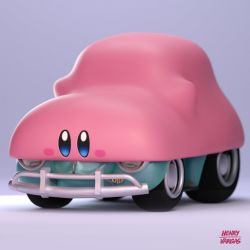 Rule 34 | 3d, artist name, blue eyes, blush, car, car mouth, commentary, english commentary, headlight, henry vargas, highres, kirby, kirby (series), kirby and the forgotten land, motor vehicle, mouthful mode, nintendo, no humans, tire, vehicle focus