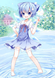 Rule 34 | 1girl, absurdres, barefoot, blue eyes, blue hair, blurry, blush, bob cut, bow, choko (mixberry parfait), cirno, depth of field, dress, hair bow, hand on own hip, hand up, highres, hill, house, ice, ice wings, index finger raised, lake, looking at viewer, neck ribbon, open mouth, pigeon-toed, ribbon, ripples, scarlet devil mansion, short hair, sketch, sky, smile, solo, standing, standing on liquid, touhou, wings