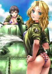 Rule 34 | 2girls, american flag bikini, ass, bikini, blonde hair, blue eyes, blue sky, breasts, brown eyes, brown hair, camouflage, cleavage, cloud, colored skin, commentary request, d:, day, emblem, flag print, girls und panzer, green jacket, gun, hair intakes, hand on own hip, highres, holding, jacket, kagawa hiroaki, kay (girls und panzer), large breasts, long hair, looking at viewer, looking back, m4 sherman, machine gun, medium breasts, military, military uniform, military vehicle, motor vehicle, mouth hold, multiple girls, naomi (girls und panzer), open hatch, open mouth, outdoors, purple bikini, red skin, shirt, short hair, sky, sleeves rolled up, spraying, striped, swimsuit, tank, uniform, weapon, wedgie