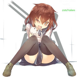 Rule 34 | 10s, 1girl, ;d, black thighhighs, brown hair, cat, clothes between thighs, full body, ikazuchi (kancolle), kantai collection, one eye closed, open mouth, personification, school uniform, serafuku, sitting, smile, sts, thighhighs, wink, yellow eyes, zettai ryouiki