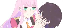 Rule 34 | 10s, 1boy, 1girl, bad id, bad twitter id, black hair, blue eyes, commentary request, couple, darling in the franxx, difxx pcc, fringe trim, green eyes, hand on another&#039;s face, hetero, hiro (darling in the franxx), horns, long hair, long sleeves, looking at another, military, military uniform, necktie, oni horns, orange neckwear, pink hair, red horns, short hair, uniform, zero two (darling in the franxx)