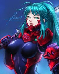 Rule 34 | 1girl, ahoge, armor, blue eyes, blue hair, bodysuit, breasts, gloves, green eyes, green hair, holding, holding sword, holding weapon, lacelazier, large breasts, long hair, muv-luv, pilot suit, ponytail, signature, smile, solo, sword, tsukuyomi mana, weapon