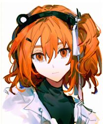 Rule 34 | 1girl, a.i. voice, absurdres, adachi rei, black shirt, closed mouth, cropped shoulders, hair ribbon, head tilt, headlamp, headset, highres, hikawayunn, jacket, light smile, looking at viewer, microphone, one side up, open clothes, open jacket, orange eyes, orange hair, radio antenna, ribbon, shirt, simple background, solo, utau, wavy hair, white background, white jacket, white ribbon