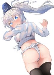 Rule 34 | 1girl, absurdres, artist request, ass, black legwear, blue eyes, blush, character request, female focus, fundoshi, highres, japanese clothes, looking back, solo, sweat, tagme, thighs
