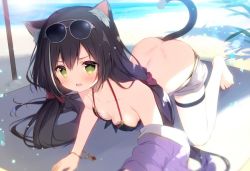 Rule 34 | 1girl, all fours, animal ear fluff, animal ears, ass, barefoot, beach, bikini, black bikini, black hair, blush, bow, breasts, butt crack, cat ears, cat girl, cat tail, clothes pull, collarbone, commentary request, day, eyewear on head, green eyes, grey-framed eyewear, hair between eyes, hair bow, horizon, jacket, karyl (princess connect!), karyl (summer) (princess connect!), long hair, looking at viewer, low twintails, medium breasts, multicolored hair, ocean, open mouth, outdoors, princess connect!, purple jacket, red bow, sand, shiratama (shiratamaco), short shorts, shorts, shorts pull, solo, streaked hair, sunglasses, swimsuit, tail, toenails, twintails, very long hair, water, wavy mouth, white hair, white shorts