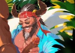 Rule 34 | 2boys, after fellatio, arbbun, bara, bare pectorals, beard, blush, commentary request, cum, cum in mouth, cum string, draph, erection, facial, facial hair, granblue fantasy, hawaiian shirt, head out of frame, headband, horns, large pectorals, long beard, male focus, mature male, multicolored hair, multiple boys, muscular, muscular male, nipples, official alternate costume, old, old man, open clothes, open shirt, pectorals, penis, penis grab, pointy ears, redluck, shirt, short hair, solo focus, stomach, sunglasses, tongue, tongue out, two-tone hair, uncensored, upper body, white hair, yaoi