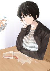 Rule 34 | 1girl, arm support, black hair, cup, drinking glass, drinking straw, flying sweatdrops, head rest, jacket, jewelry, ogros, original, ring, shirt, short hair, simple background, sitting, solo focus, spill, striped clothes, striped shirt, wet, wet clothes, wet hair