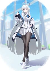 Rule 34 | 1girl, absurdres, black pantyhose, blue archive, bocchi (kuropom7), breasts, closed mouth, formal, full body, grey hair, halo, highres, id card, jacket, large breasts, long hair, long sleeves, mechanical halo, noa (blue archive), open clothes, open jacket, pantyhose, pleated skirt, purple eyes, shoes, skirt, smile, solo, suit, two-sided fabric, two-sided jacket, white footwear, white jacket, white skirt