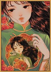 Rule 34 | 1girl, absurdres, ai yo wei well, black hair, china dress, chinese clothes, closed eyes, closed mouth, dress, floating hair, flower, highres, looking at viewer, mole, mole under eye, multiple views, original, red flower, red rose, rose, solo, upper body