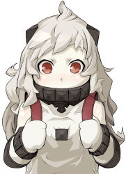 Rule 34 | 10s, 1girl, abyssal ship, ahoge, backpack, bag, brown eyes, covered mouth, highres, horns, kantai collection, kouba nobu, long hair, mittens, northern ocean princess, randoseru, silver hair, simple background, solo, white background