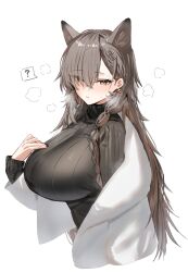 Rule 34 | 1girl, ?, animal ears, arknights, black sweater, blush, braid, breasts, brown eyes, earrings, extra ears, from side, grey hair, hair flowing over, highres, horn/wood, huge breasts, jacket, jewelry, long hair, mole, mole above eye, mole on forehead, off shoulder, official alternate costume, official alternate hairstyle, penance (arknights), penance (occasionally flushed) (arknights), simple background, single braid, solo, spoken question mark, sweater, turtleneck, turtleneck sweater, upper body, white background, white jacket, wolf ears, wolf girl