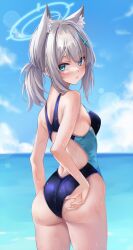 Rule 34 | 1girl, adjusting clothes, adjusting swimsuit, ahoge, animal ear fluff, animal ears, ass, bare arms, bare shoulders, blue archive, blue eyes, blue one-piece swimsuit, blue sky, blurry, blush, breasts, cloud, competition swimsuit, cowboy shot, day, extra ears, from behind, grey hair, hair between eyes, hair ornament, hairclip, halo, highres, long hair, looking at viewer, looking back, marisasu (marisa0904), medium breasts, mismatched pupils, multicolored clothes, multicolored swimsuit, official alternate costume, one-piece swimsuit, open mouth, outdoors, parted lips, ponytail, shiroko (blue archive), shiroko (swimsuit) (blue archive), sidelocks, sky, solo, standing, swimsuit, thighs, water, wedgie, wet, wolf ears