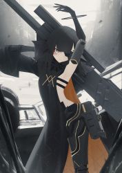Rule 34 | 1girl, absurdres, arm behind head, black dress, black hair, breasts, closed mouth, dress, eyepatch, facial mark, feet out of frame, girls&#039; frontline, grey eyes, gun, hand up, highres, holding, holding gun, holding weapon, long hair, looking at viewer, mechanical arms, mechanical legs, nyto (girls&#039; frontline), adeline (girls&#039; frontline), paradeus, simple background, solo, standing, thomas 8000, weapon, weapon on back