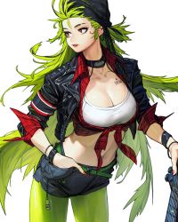 Rule 34 | 1girl, armband, beanie, belt, black choker, black hat, bracelet, breasts, chain, choker, cleavage, fingernails, green belt, green hair, green legwear, green theme, guitar, hand in pocket, hat, highres, holding, instrument, jewelry, long fingernails, long hair, mountain dew, nail polish, navel, original, parted lips, personification, pink lips, plaid, red eyes, red nails, rinotuna, sharp fingernails, simple background, sleeves rolled up, solo, tattoo, white background