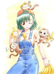 Rule 34 | 1girl, banana, between breasts, breasts, brown eyes, cleavage, food, fruit, green hair, hat, holding, holding food, holding fruit, kishi nisen, monkey, musical note, naked overalls, no bra, one eye closed, overalls, sideboob, solo, wink