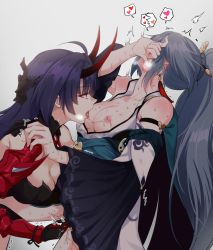Rule 34 | 2girls, arm strap, bare shoulders, bite mark, blush, breasts, cleavage, collarbone, covering face, detached sleeves, earrings, fingering, from side, fu hua, fu hua (azure empyrea), grey background, grey hair, hand on another&#039;s shoulder, heart, hickey, highres, honkai (series), honkai impact 3rd, horns, jewelry, long hair, looking at another, looking away, looking to the side, multiple girls, negom, oni horns, ponytail, purple hair, pussy juice, raiden mei, raiden mei (herrscher of thunder), saliva, saliva trail, spoken heart, sweat, tongue, tongue out, trembling, very long hair, wide sleeves, yuri