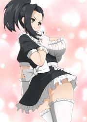 Rule 34 | + +, 1girl, absurdres, alternate costume, apron, arms behind back, ass, black hair, boku no hero academia, breasts, cleavage, dress, enmaided, feet out of frame, forehead, frilled apron, frilled dress, frilled gloves, frilled shirt, frilled thighhighs, frills, gloves, highres, knees out of frame, large breasts, maid, ponytail, shirt, sideboob, smile, solo, sparkling eyes, thighhighs, thighs, toukaaa, v-shaped eyebrows, yaoyorozu momo
