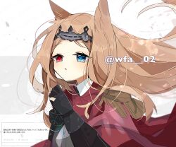 Rule 34 | 1girl, animal ears, archetto (arknights), arknights, artist name, bird ears, bird girl, black gloves, blue eyes, bracelet, brown hair, commentary request, gloves, heterochromia, infection monitor (arknights), itsuki 02, jewelry, long hair, parted lips, red eyes, request inset, solo, translation request, twitter username