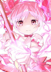 Rule 34 | 1girl, absurdres, aiming, aiming at viewer, bow, choker, closed mouth, commentary request, energy arrow, frilled sleeves, frills, gloves, hair bow, highres, kaname madoka, kaname madoka (magical girl), mahou shoujo madoka magica, maruiusausagi, multiple hair bows, pink eyes, pink hair, red bow, short hair, short sleeves, smile, solo, upper body, white gloves